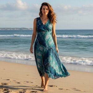 Sleeveless Shades of Teal Fairy Patchwork Maxi Dress Size 14